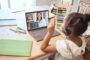 Image showing Video call, online education and child with teacher for math, numbers and school teaching, learning and listening with headphones. Girl kid on laptop screen zoom call for a virtual class test at home