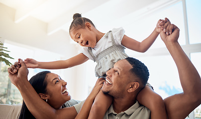 Image showing Home, love and family piggy back, playing and having fun together. Happy, smile and care of father carrying girl, child or kid with mother bonding, enjoying quality family time and smiling in house.