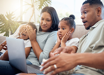 Image showing Scary, movie and family cover eyes of children for inappropriate content on laptop screen. Censorship control, entertainment and mom and dad with kids watching horror or shocking film online on sofa