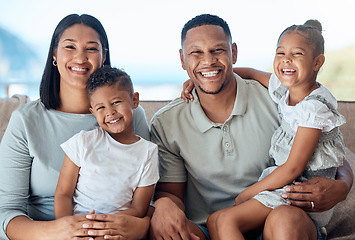 Image showing Family, smile and parents with children in portrait, happiness and together in family home. Happy family, bonding and love with care, mother and father relax with kids and spending quality time.