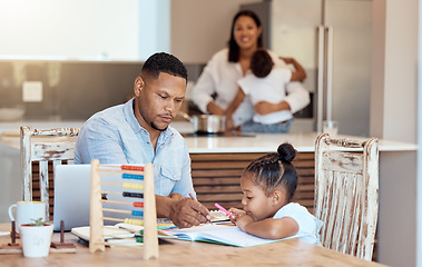 Image showing Home education, girl and dad doing math homework, counting exercise and learning numbers on living room table together. Maths homework, child with abacus and help writing in school book for learning