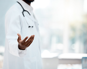 Image showing Doctor, helping hand and black man in hospital for healthcare and medicine professional with trust and stethoscope mockup. Help in health care clinic, support and care in medical profession.