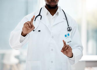 Image showing Doctor hands, invisible screen and digital innovation mockup for healthcare, hospital and wellness software design in information technology. Ai, futuristic app and medical expert hand gesture sign