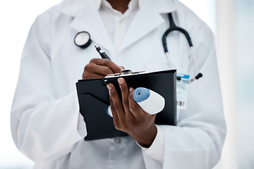 Image showing Closeup, covid and doctor with hands clipboard, writing and notes to check results, healthcare and wellness. Black medical professional, corona and analyzing diagnosis, treatment and confirm schedule