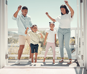 Image showing Happy family dancing, couple and kids on balcony of home having fun in celebration of summer life. Mother, father and children dance together to celebrate weekend in new apartment with happy energy.