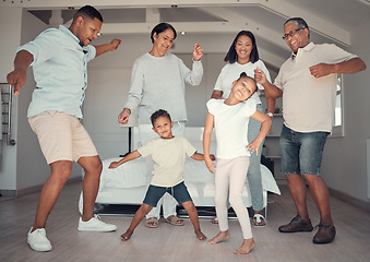 Image showing Big family, fun and dance to music in the living room in home, happy and smile together. Children, grandparents or parents dancing, love or crazy people enjoy bonding, audio and relationship in house