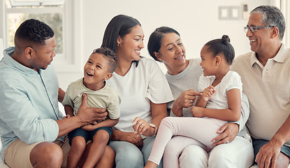 Image showing Love, black family and happy together, with smile and bonding for quality time, loving and on sofa. Grandparents, mother and father with children, for happiness and positive to connect and in lounge.