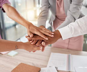 Image showing Hands, team and business people support and solidarity, diversity in the workplace with collaboration and team building. Teamwork, business meeting and agreement with staff on project and deal.