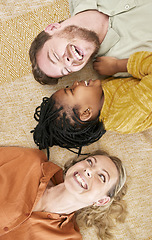 Image showing Adoption and family with girl from above lying on floor, foster family together. Mom, dad and child lying on carpet playing, love and fun time in happy family home with trust and support.