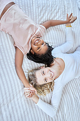 Image showing Diversity, love and family together in bedroom for quality time or adoption care, support and happiness. Happy family, diverse mother and daughter portrait on bed for relax, calm and funny bonding