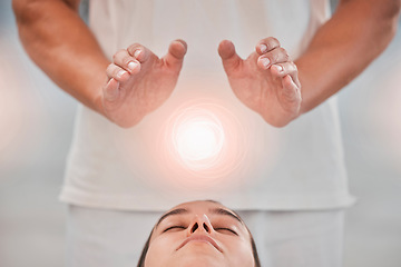 Image showing Therapy, massage and reiki with digital overlay above the head of a woman client in a spa to relax. Hands, special effects and detox with a female customer lying on a bed for wellness or luxury