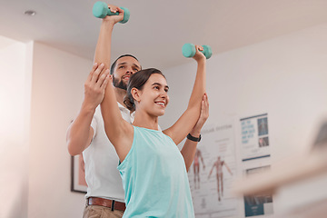 Image showing Physiotherapy, rehabilitation and arm weight exercise of a woman patient and consultant. Physical therapy, health and clinic consultation with weight for wellness consulting and fitness sport