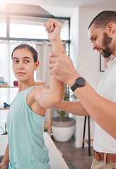 Image showing Physiotherapy, stretching and woman with a physiotherapist for rehabilitation, healthcare and muscle performance. Physical therapy, training and patient with a man for a consultation on health