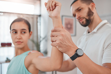 Image showing Physical therapy, exam and physiotherapy with woman muscle in healthcare, fitness wellness or sports injury check. Medical chiropractic stretching, physiotherapy and orthopedic doctor helping patient