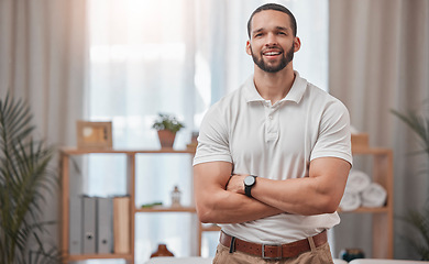 Image showing Physiotherapist, spa and chiropractor man employee portrait ready for physiotherapy and consultation. Happy physical therapy and support worker feeling proud from health therapy clinic success