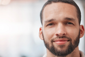 Image showing Portrait, man and leader with a space, mockup and vision for the future, advertising and proud against a white background. Face, confident and male leadership, power and small business owner in Qatar