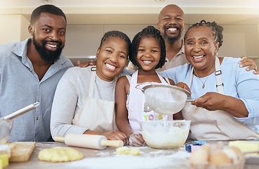 Image showing Happy black family portrait, baking or cooking education in kitchen for pizza, learning development or teaching kid in house. Hobby, bakery or happy family for love, support or breakfast at home