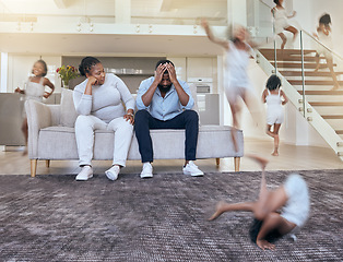 Image showing Family, child and parents stress, depressed and frustrated while hyperactive or adhd girl play in the house with energy, noise and running. Man and woman parents feeling burnout with kid at home