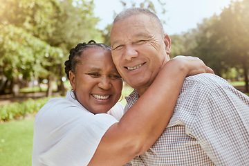 Image showing Senior, couple and portrait in a garden for love, caring and affection hug in nature for holiday. Vacation, loving and mature elderly or retired husband and wife embracing in a peaceful park