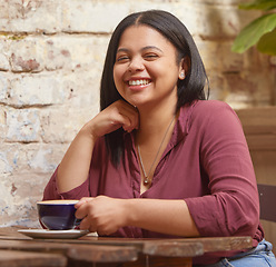 Image showing Cafe, coffee or tea portrait of woman with real smile holding tea cup with happiness on drink break. Cafeteria, coffee shop or restaurant with natural, relaxed and happy latina girl customer.