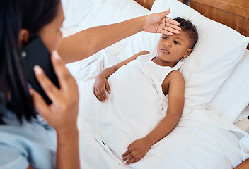 Image showing Phone call, healthcare and mother with child in bedroom check for fever for virus, first aid and care. Worry, medical and sick with mom hand on kid forehead in family home for flu, illness or disease