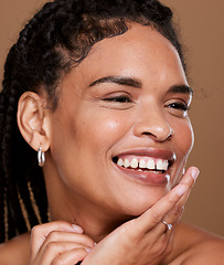 Image showing Skincare, glow and beauty black woman in studio happy with cosmetics, natural makeup and dermatology results. Young model face with facial care shine, wellness and healthy or luxury youth promotion