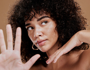 Image showing Black woman, skincare and wellness with facial, wellness and skin health treatment glow. Woman model hands with fashion pose after collagen, botox and cosmetic face beauty with natural benefits