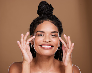 Image showing Black woman, face and smile for skincare, makeup or cosmetics against a brown studio background. Portrait of African American female smiling with teeth in satisfaction for cosmetic facial treatment