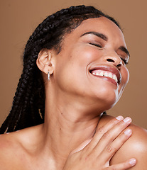 Image showing Beauty, hair care and black woman with braids in studio with smile on brown background. Hair salon, fashion and girl model for wellness, cosmetics and products for healthy, natural and curly hair