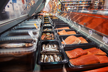 Image showing Fish and seafood stall in a market