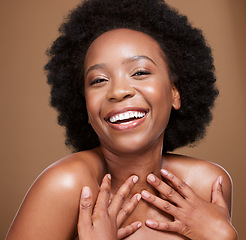 Image showing Beauty, hair care and portrait of black woman with smile on brown background studio. Wellness, skincare and face of happy girl model for cosmetics, makeup products and natural products for curly hair