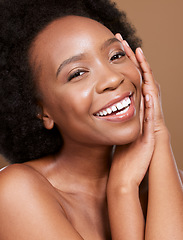 Image showing Beauty, skincare and portrait of woman relax in studio for wellness, skin and body care against brown background. Happy, face and black woman smile, happy and product satisfaction after facial mockup