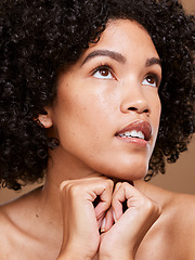 Image showing Face, beauty and black woman in studio for skincare, wellness and pamper treatment against a brown background. Facial, girl and model relax with luxury hygiene, grooming and cosmetic, body and care