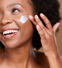 Image showing Beauty cream, skincare and face of black woman with dermatology ointment for skin glow, melasma or acne prevention. Facial product, healthcare routine and model moisturizing with cosmetics spa lotion