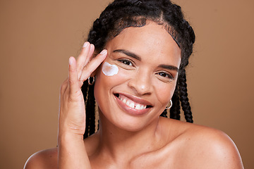 Image showing Black woman, skincare beauty and face with cream product on cheeck for smooth skin, wrinkle protection creme and cosmetics empowerment. Portrait of happy, confident smile and organic lotion mockup