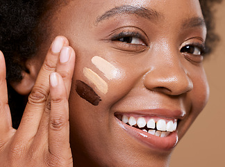 Image showing Black woman, face and makeup smile for foundation, skincare or cosmetics against a brown studio background. Closeup portrait of African American female smiling with teeth in satisfaction for toner