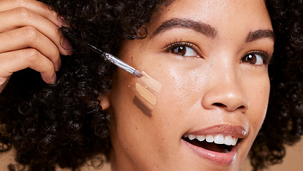 Image showing Makeup, face and woman in studio for beauty, product and foundation, shade and glamour closeup. Portrait, base and skincare by black woman happy, smile and excited by contouring, results and cosmetic