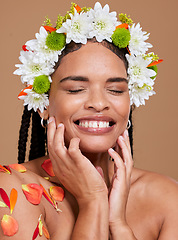 Image showing Beauty, skincare and flowers in hair of black woman for natural, spring and self love. Happy, salon and luxury with face of girl model for cosmetics facial, makeup and product in studio background