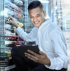 Image showing Server room, tablet and programmer man, engineering code and technology for programming, cloud computing and cybersecurity. Digital future, IT technician and digital network in data center connection