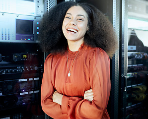 Image showing Black woman, happy and portrait of server engineer in workspace for maintenance, cybersecurity and database. Professional it employee at company data center for evaluation, check and test.