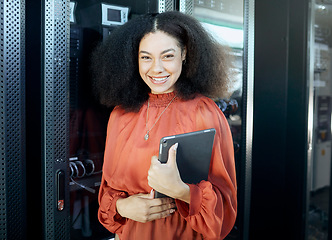 Image showing Technology, data and woman with tablet server room with smile in career for future internet innovation. Lady technician or engineer doing maintenance on cooling machine at server farm or data center.