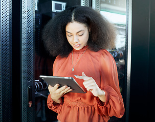 Image showing Information technology, programming and black woman with tablet in hand to check server. Technology, coding and female programmer doing analytics test on motherboard, cybersecurity and online network