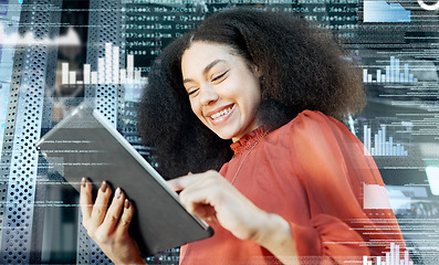 Image showing Woman, tablet and futuristic online financial trading with internet connection. Blockchain, hologram and digital tablet with a female accountant using future technology for finance investment