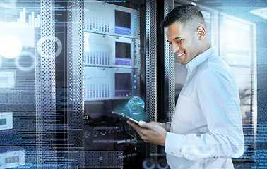 Image showing Server, tablet and digital with a man engineer working with hologram technology for programming or it security. Future, computer and innovation with a male research worker busy in a data center