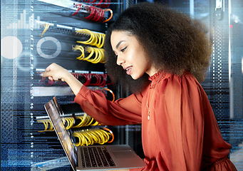 Image showing Black woman, laptop and server with internet connection, check cyber security programming and coding information. IT specialist, female programmer and lady working on system admin or cloud computing