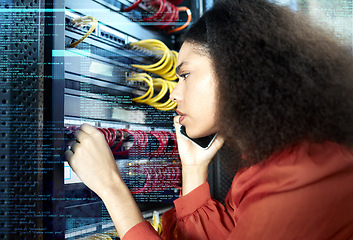 Image showing It technician, phone call and black woman thinking and confused in server room, data center for cable or system maintenance. Double exposure information and female checking cybersecurity for internet