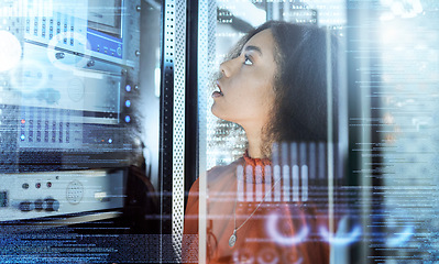 Image showing Technology, information technology and black woman check server for error, internet connection and network. Future, cyber security and it technician work on computer database, coding and motherboard