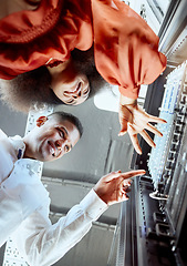 Image showing Maintenance, repair and server room employees planning cyber security for their information technology company. Glitch, smile and people in electronics business with a system error at a data center