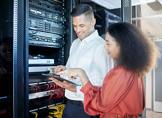 Image showing Tablet, IT Programmer or manager planning server maintenance, software upgrade or online app with tech. Man and woman with digital technology working on information technology or digital information