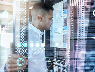 Image showing Programming, database and digital with a man coder working in a server room for it support or mainframe maintenance. Cyber security, engineering and code with a programmer at work in a data center